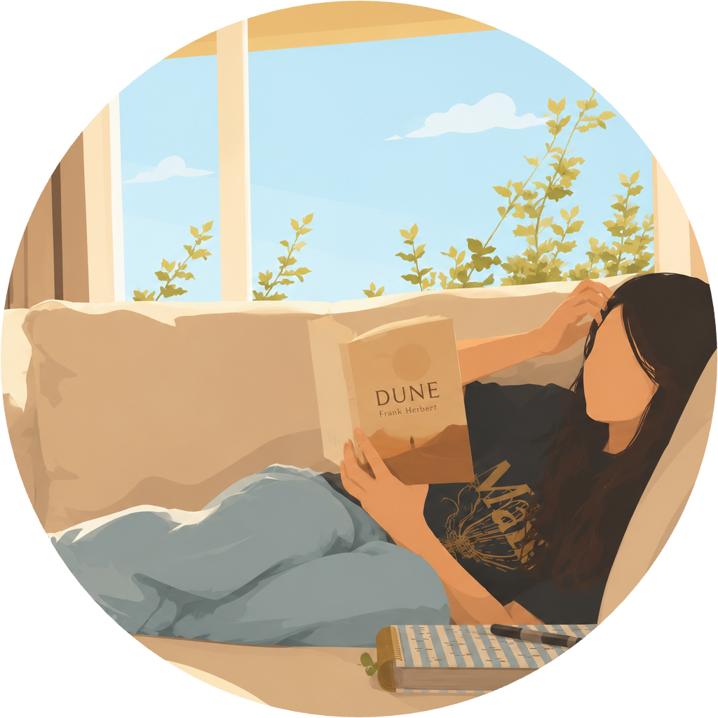 Illustrated portrait of Sidu reading on the couch
